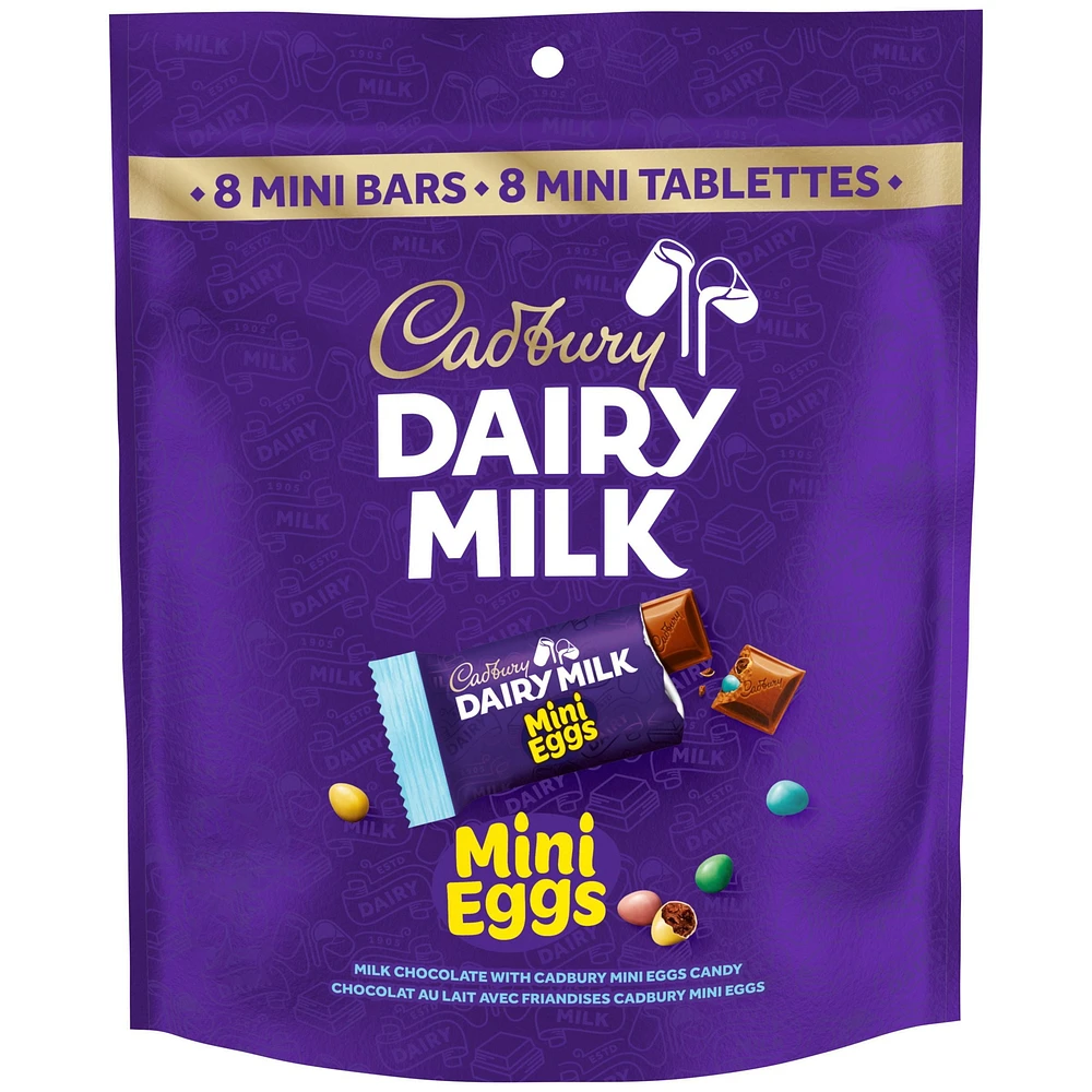 CADBURY DAIRY MILK Mini Eggs Mini Bars, Milk Chocolate with CADBURY Mini Eggs, Bag of 8 x 18 g Mini Bars, 144 g, CADBURY DAIRY MILK MINI EGGS MINI BARS 144G 8