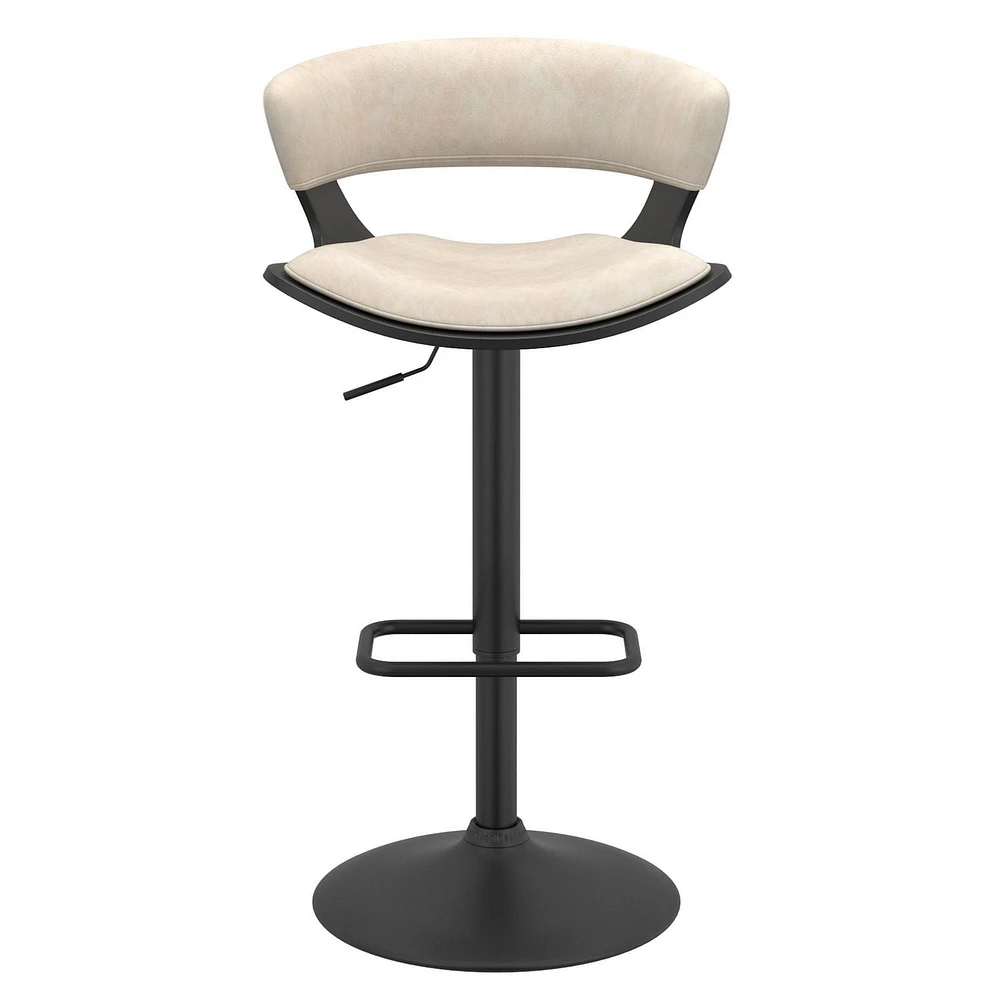 Tabouret pneumatique contemporain réglable en bois et en similicuir – ivoire et noir
