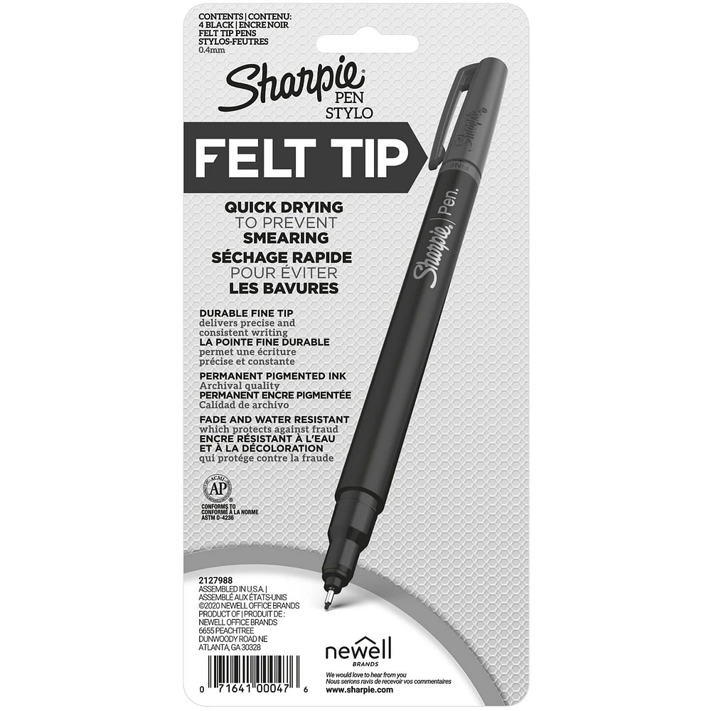 Stylos Sharpie, pointe feutre, pointe fine (0,4 mm), noir 4 unités