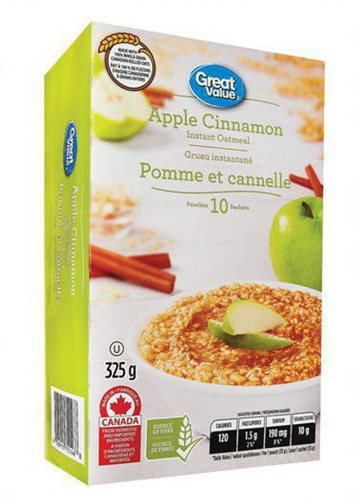 Gruau instantané Great Value  à la saveur de pomme et canelle