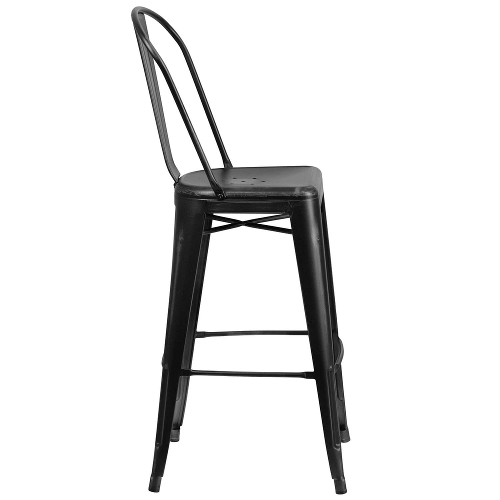 Tabouret de bar en métal vieilli noir de 30 pouces de hauteur pour l'intérieur et l'extérieur avec dossier