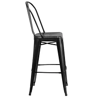 Tabouret de bar en métal vieilli noir de 30 pouces de hauteur pour l'intérieur et l'extérieur avec dossier