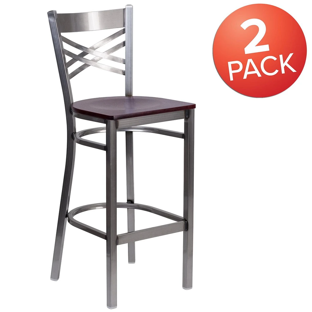 Lot de 2 pièces - Tabouret de bar en métal à dossier en «X» enduit lustré - siège en bois d'acajou