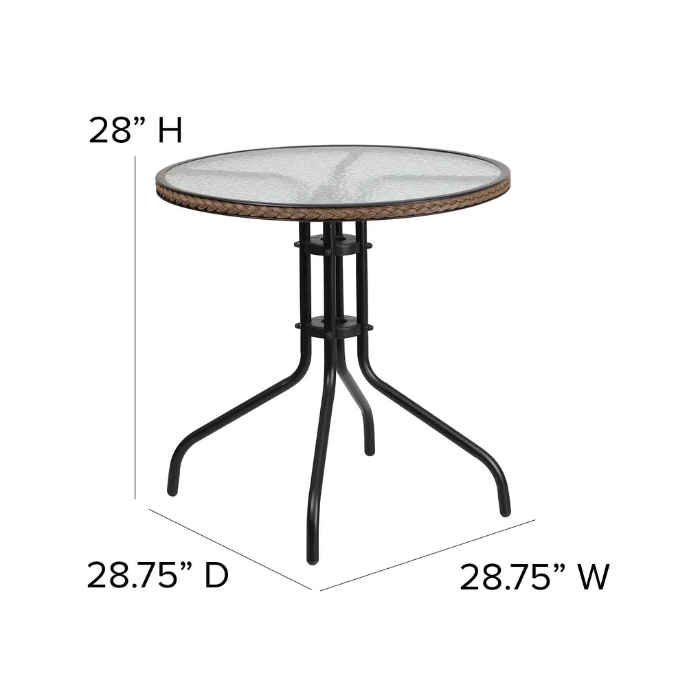 Table ronde de 28 po en métal et verre trempé avec bordure en rotin noir