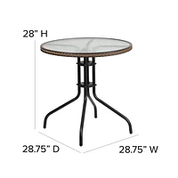 Table ronde de 28 po en métal et verre trempé avec bordure en rotin noir