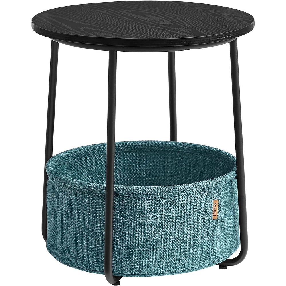 Boutique Home Round End Table with Fabric Basket Ideal for Den or Bedroom - Black Wood Design and Dark Turquoise