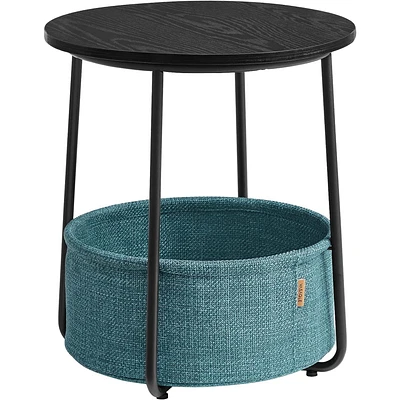 Boutique Home Round End Table with Fabric Basket Ideal for Den or Bedroom - Black Wood Design and Dark Turquoise