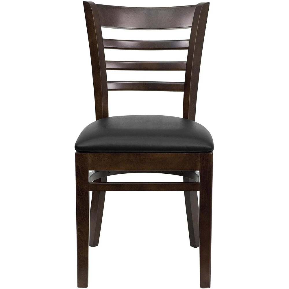 Chaise de restaurant de la série HERCULES en bois de noyer à dossier échelle - siège en vinyle noir