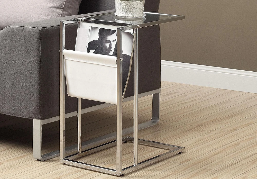 Monarch Specialties Accent Table, C-shaped, End, Side, Snack, Magazine Storage, Living Room, Bedroom, Metal, Pu Leather Look, Tempered Glass, Chrome, Clear, Contemporary, Modern