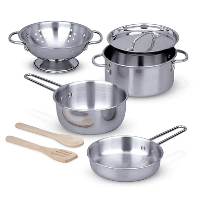 Melissa & Doug, Poêlons et casseroles en acier inoxydable, ensemble de cuisine pour enfants (8 pièces)
