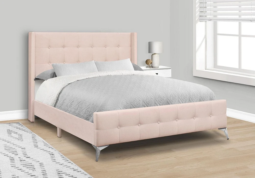 Monarch Specialties Lit, Grand, Chambre À Coucher, Rembourré, Velours Rose, Pieds En Métal Chromé