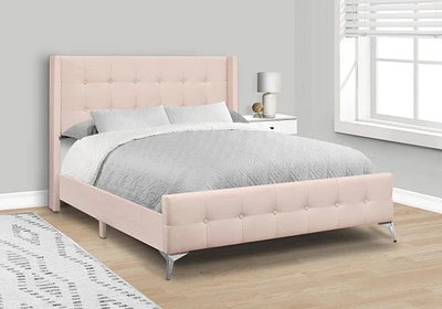 Monarch Specialties  Lit, Grand, Chambre À Coucher, Rembourré, Velours Rose, Pieds En Métal Chromé