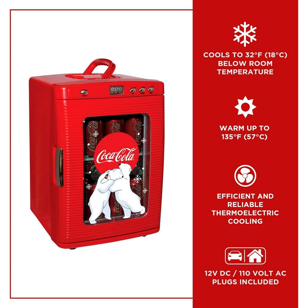 Coca-Cola 25L Mini Fridge, Portable 28 Can Cooler, Display Window for Travel, Home, Office- Red