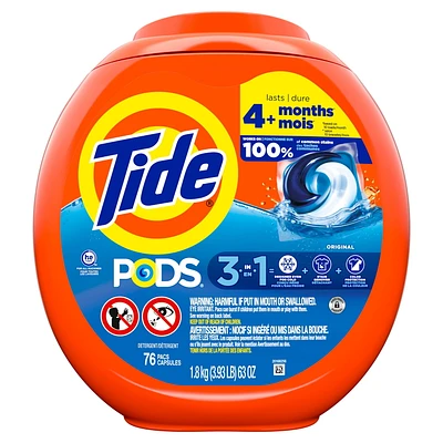 Capsules de détergent à lessive Tide PODS, détachant, éliminateur d’odeurs et protège-couleur 3 en 1, compatible avec les laveuses HE, parfum Original 76CT