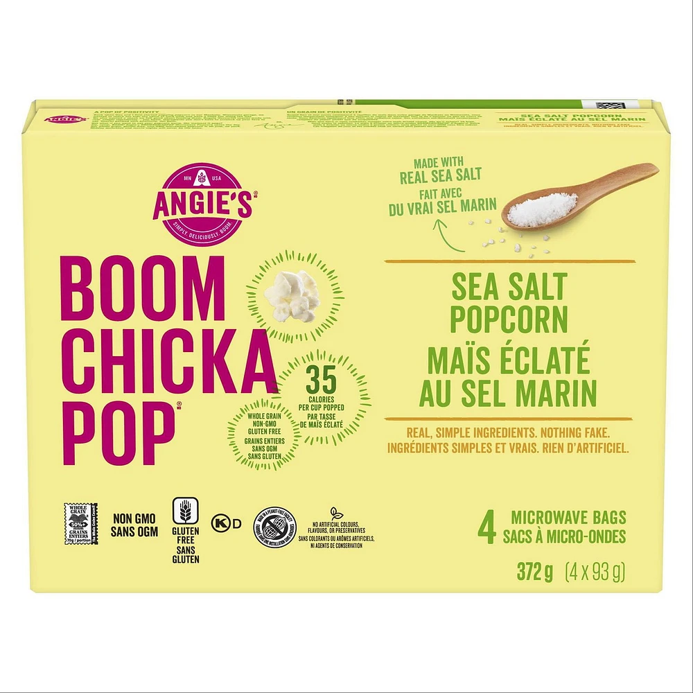 Angie’s BOOMCHICKAPOP® Gluten-Free, Non GMO, Sea Salt Microwave Popcorn, 4 Pack (4 x 93 g), A whole grain, Non GMO, Kosher, gluten free snack made in a peanut free facility