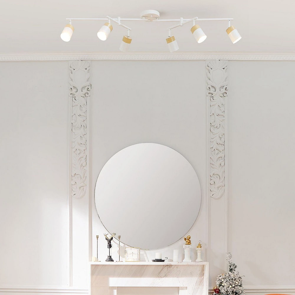 6-Light Matte White and Faux Wood Track Lighting with Double Center Swivel Bar and Pivoting Shades