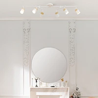 6-Light Matte White and Faux Wood Track Lighting with Double Center Swivel Bar and Pivoting Shades