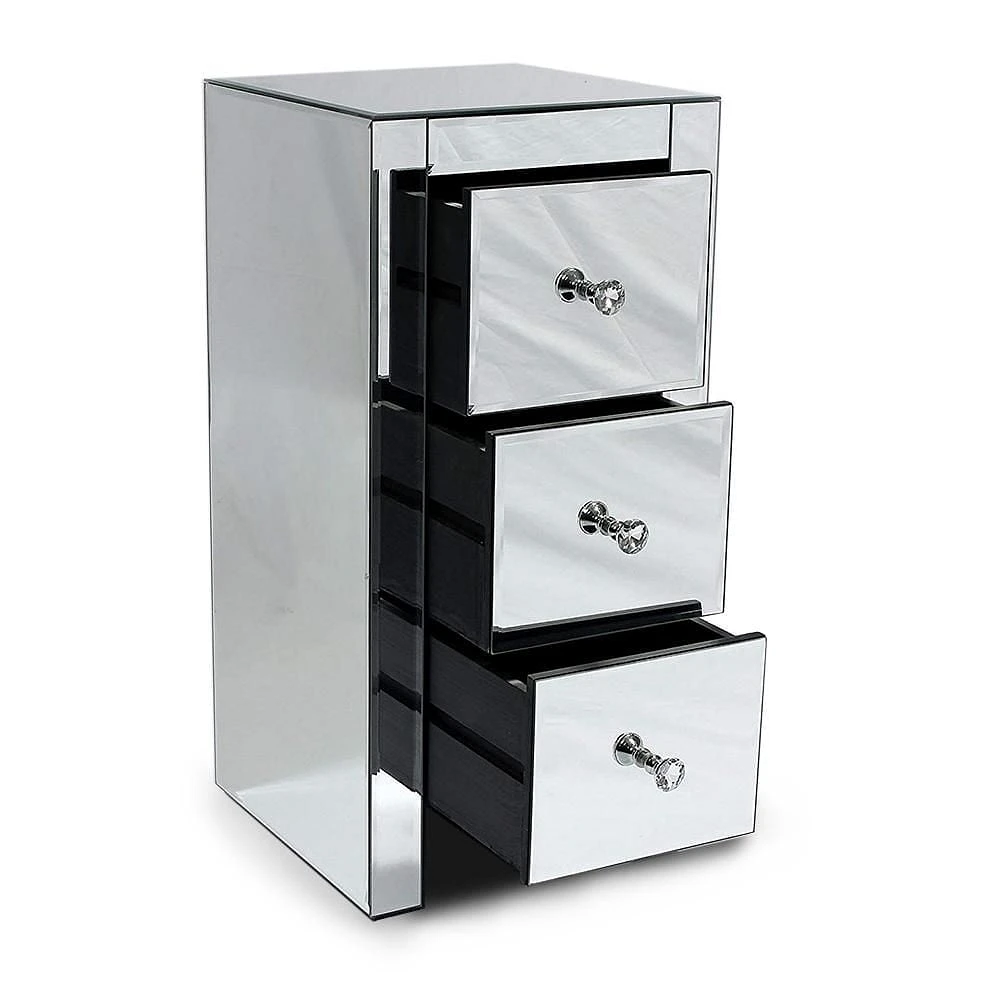 Nightstand, Nightstand, Mirrored Nightstand, Bedroom Nightstand, MDF Nightstand, Mirrored Bedside Table, Three Drawer Nightstand, Mirrored Nightstand with Clear Knobs