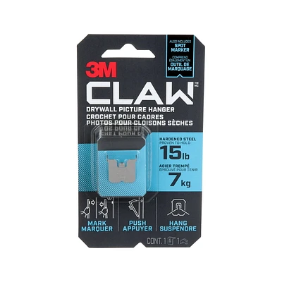3M™ CLAW Drywall Picture Hanger with Temporary Spot Marker 3PH15M-1EF, Holds 15 lbs,, 1 Hanger 1 Marker/Pack