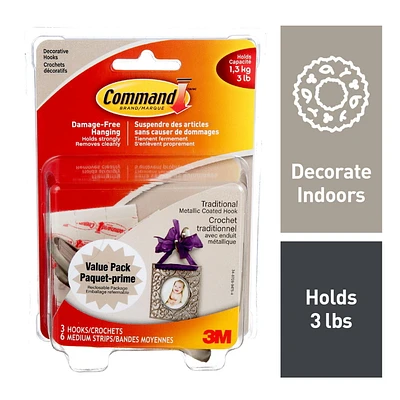 Command™ Traditional Decorative Hooks 17051BNC-VP, Medium, Value Pack