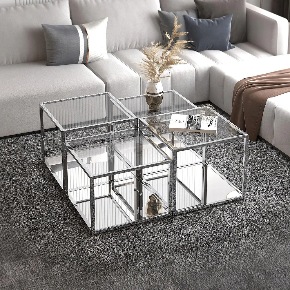 Contemporary Metal and Glass Multi-Tier Coffee Table Set of 4 - Silver