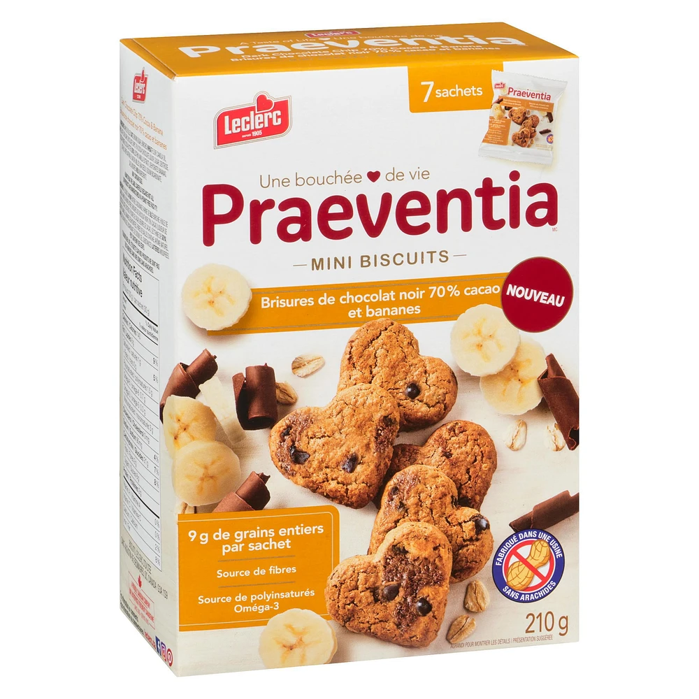 Praeventia Brisures de Chocolat Noir 70% Cacao et Bananes Mini Biscuits 210g/7 sachets