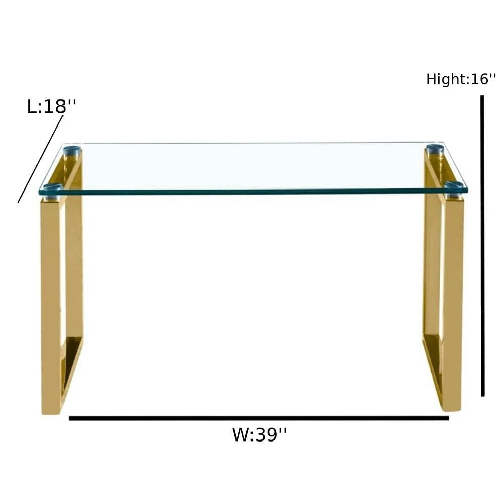 Table basse Gen, pieds luge en acier inoxydable poli brillant et plateau en verre trempé.<br>Dimensions : Grand : 16" H x 39" L x 18" P