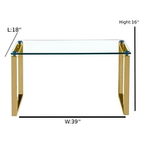 Table basse Gen, pieds luge en acier inoxydable poli brillant et plateau en verre trempé.<br>Dimensions : Grand : 16" H x 39" L x 18" P