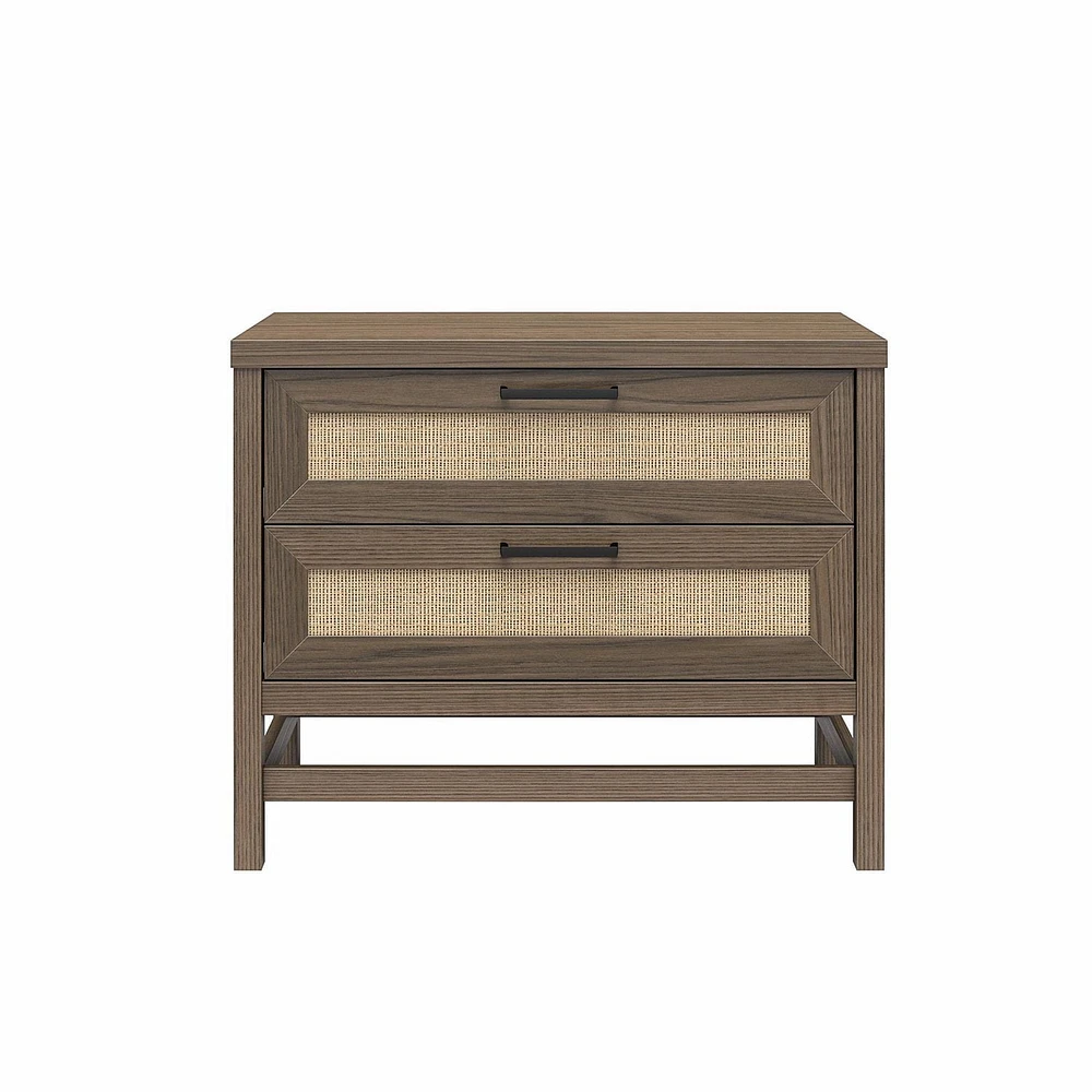 Ameriwood Home Lennon 2 Drawer Nightstand, Medium Brown and Faux Rattan