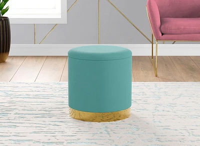 Safdie & Co. Ottoman de Rangement Cylindrique Repose-Pieds Banquette Siège de Salon Velours Aqua avec Métal Doré pour Salon Dressing ou Chambre à Coucher