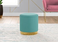 Safdie & Co. Ottoman de Rangement Cylindrique Repose-Pieds Banquette Siège de Salon Velours Aqua avec Métal Doré pour Salon Dressing ou Chambre à Coucher