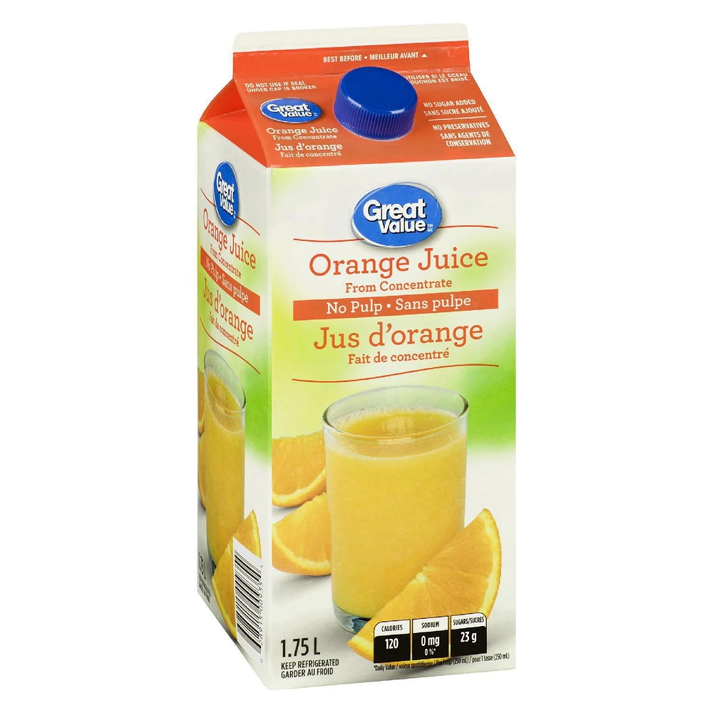 Great Value Orange No pulp Juice from Concentrate, 1.75L