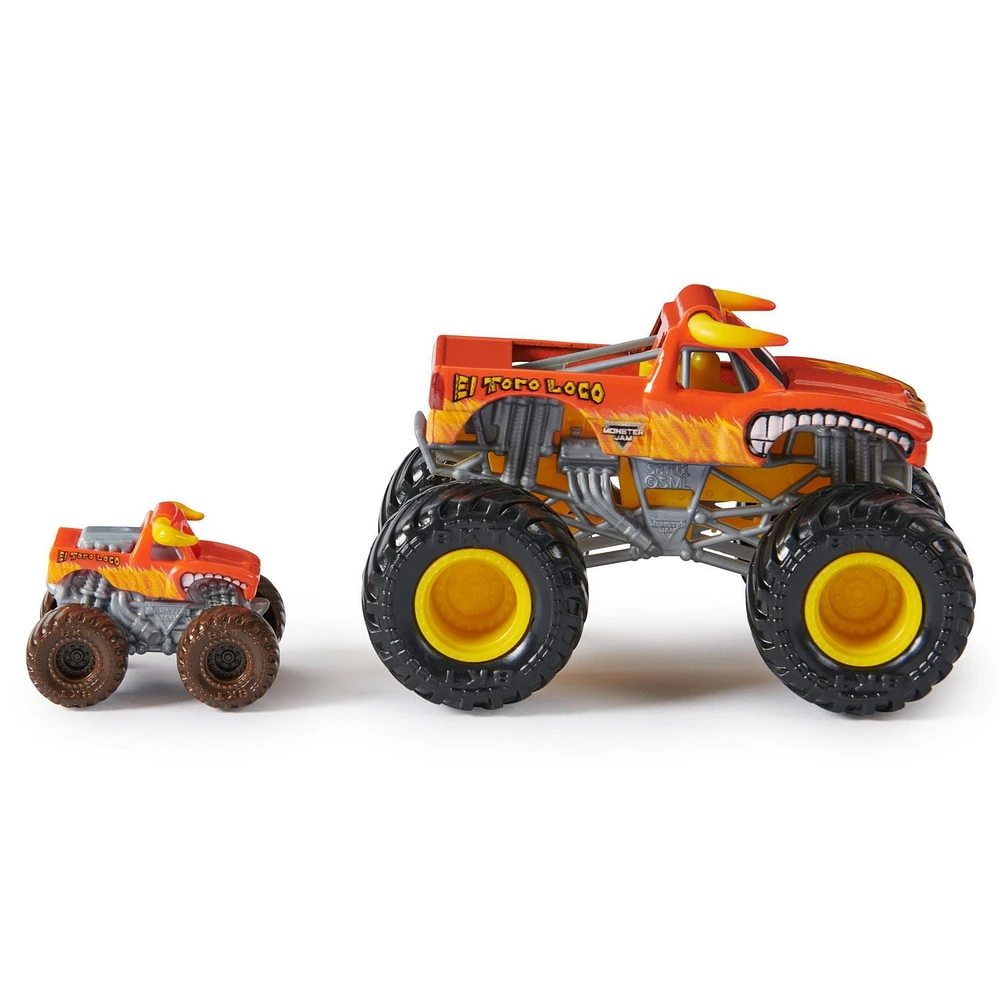 Monster Jam, Monster truck officiel en métal moulé El Toro Loco à l'échelle 1:64, avec mini-véhicule collector à l'échelle 1:87 en cadeau, jouets pour filles et garçons à partir de 3 ans