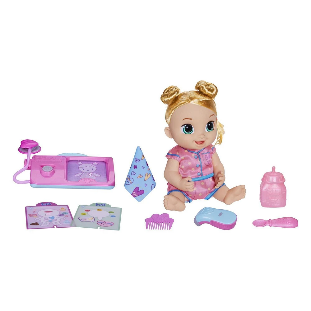 Baby Alive poupée Lulu Achoo, poupée interactive de 30 cm avec sons, lumières, mouvements et accessoires, cheveux blonds, enfants, dès 3 ans