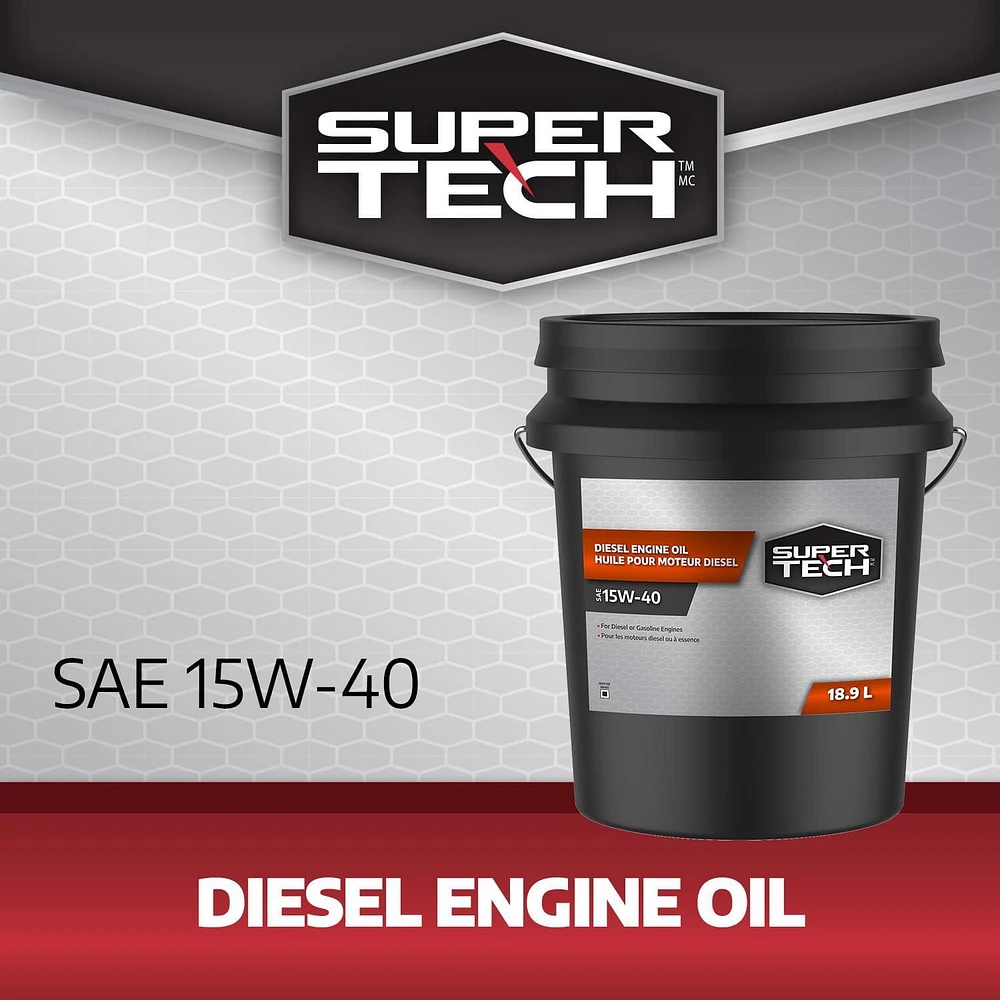 Huile moteur diesel SuperTech 15W40, seau,18.9L Conçu pour les besoins de la flotte et ​ferme.