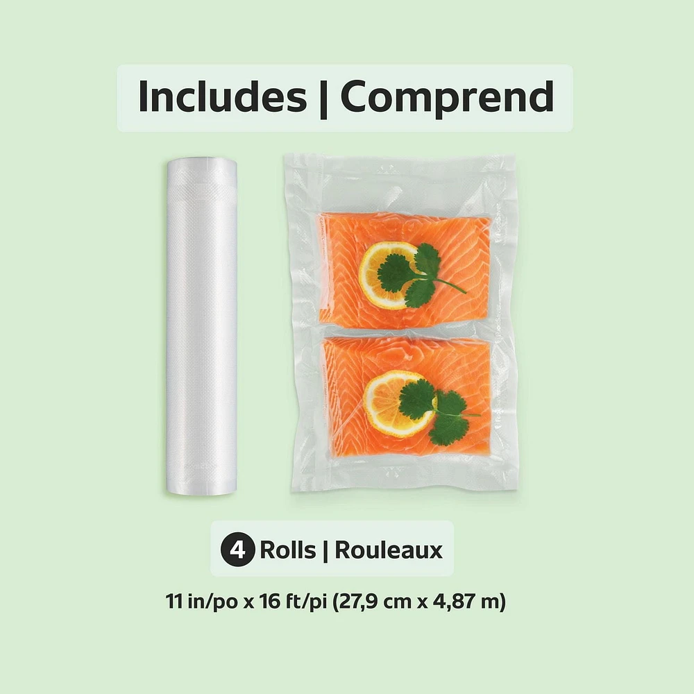FoodSaver 11" x 16' Vacuum Seal Rolls for Custom Fit Airtight Food Storage and Sous Vide, 4 Pack