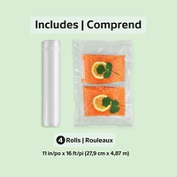 FoodSaver 11" x 16' Vacuum Seal Rolls for Custom Fit Airtight Food Storage and Sous Vide, 4 Pack