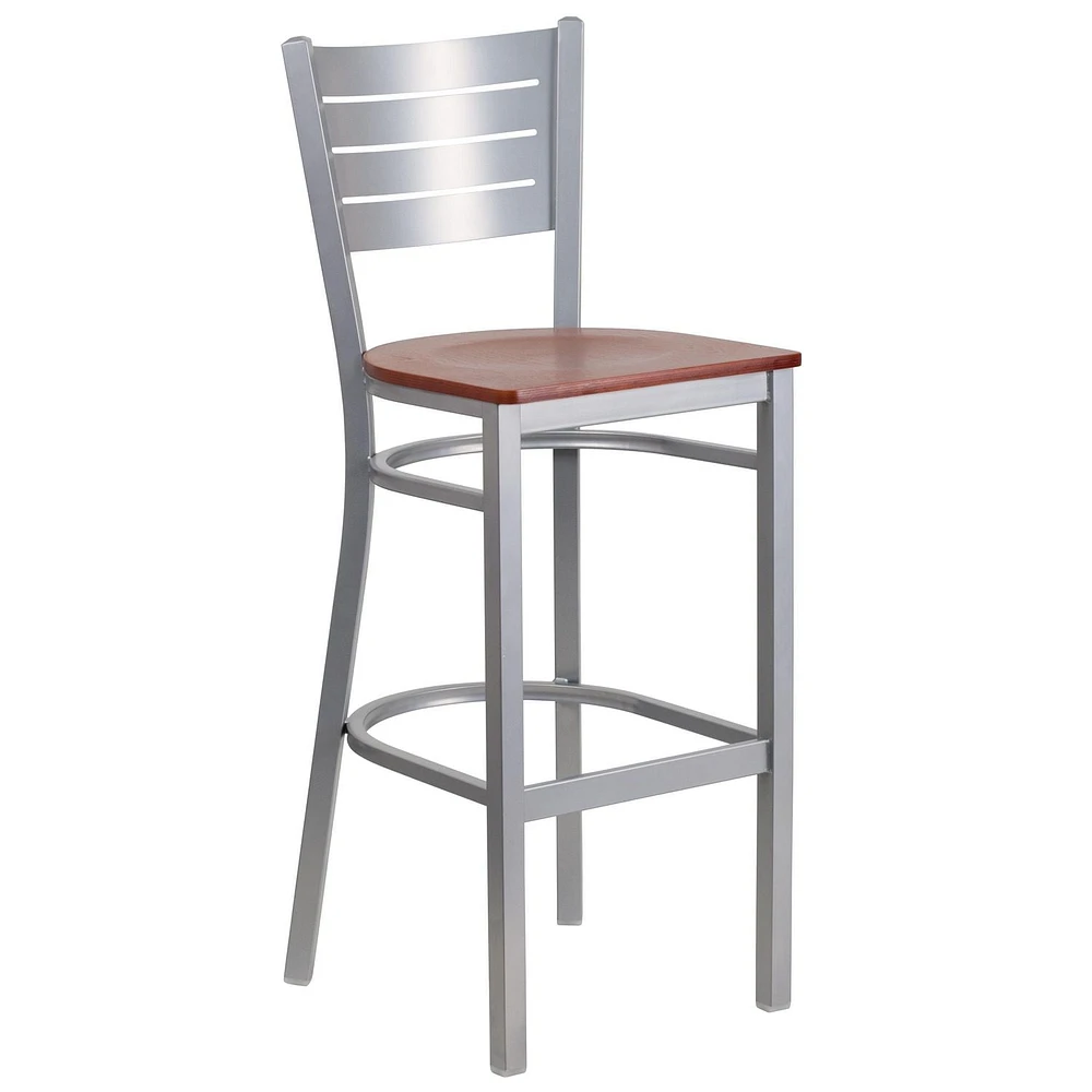 Lot de 2 pièces - Tabouret de bar de la série HERCULES en métal argenté avec dossier à lattes - siège en bois de cerisier