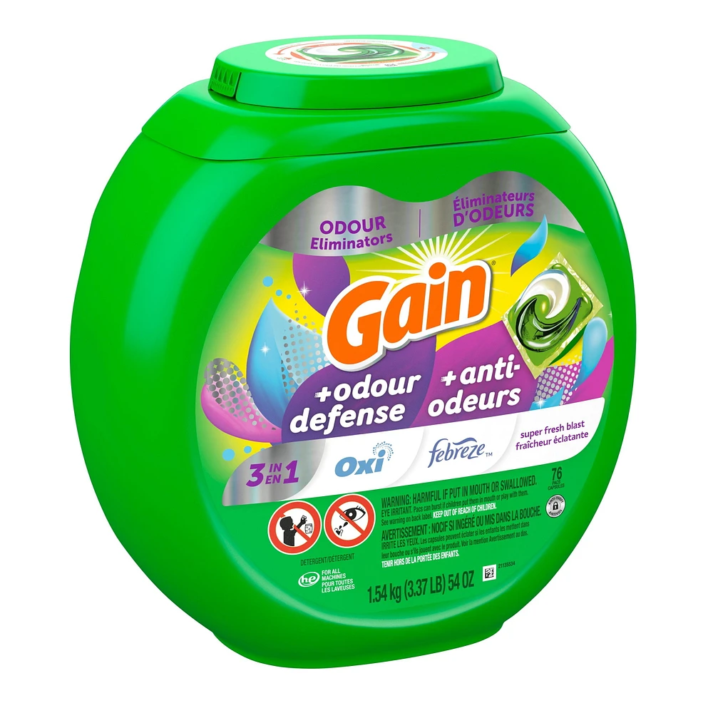 Capsules de détergent à lessive Gain Flings avec Odour Defense, capsules de détergent 3 en 1 avec Febreze et Oxi, parfum Explosion de fraîcheur, compatible avec les laveuses HE 76CT
