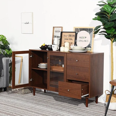 Homylin Armoire de rangement d'accent rétro en bois avec portes et tiroirs transparents, casier d'angle de 48,8 po de largeur pour salon - Marron