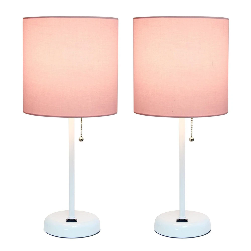 LimeLights White Stick Lamp with Charging Outlet and Fabric Shade 2 Pack Set