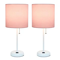 LimeLights White Stick Lamp with Charging Outlet and Fabric Shade 2 Pack Set