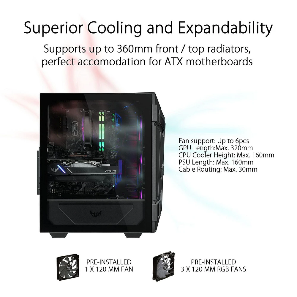 ASUS TUF Gaming GT301 Boîtier compact mi-tour pour cartes mères ATX avec panneau avant en nid d'abeille, ventilateurs RBG adressables Aura 120 mm, support pour casque et support de radiateur 360 mm, 2