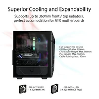 ASUS TUF Gaming GT301 Boîtier compact mi-tour pour cartes mères ATX avec panneau avant en nid d'abeille, ventilateurs RBG adressables Aura 120 mm, support pour casque et support de radiateur 360 mm, 2