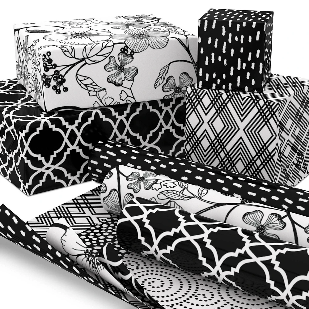 Hallmark All Occasion Reversible Wrapping Paper Bundle - Black and White Flowers and Dots (3-Pack: 75 sq. ft. ttl.)