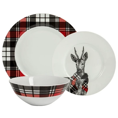 Safdie & Co. Dinnerware set Round Rim 12 Piece Set Cabin Plaid, Set for 4