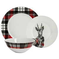 Safdie & Co. Dinnerware set Round Rim 12 Piece Set Cabin Plaid, Set for 4