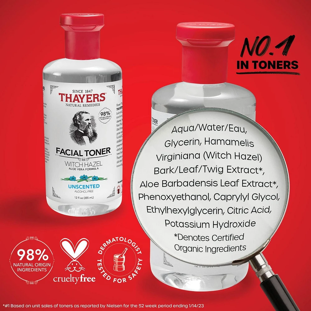 THAYERS Tonique Visage Non Parfumé Sans alcool formule à l'hamamélis et à l'aloès 355ml Tonique Visage Sans Alcool