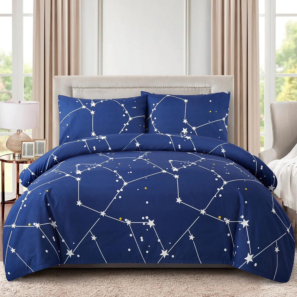 Literie Marina Décoration douce, soyeuse et riche en rayonne de bambou imprimée, toutes saisons, housse de couette, drap-housse, avec fermeture éclair et lien d'angle, motif astérisme bleu marine