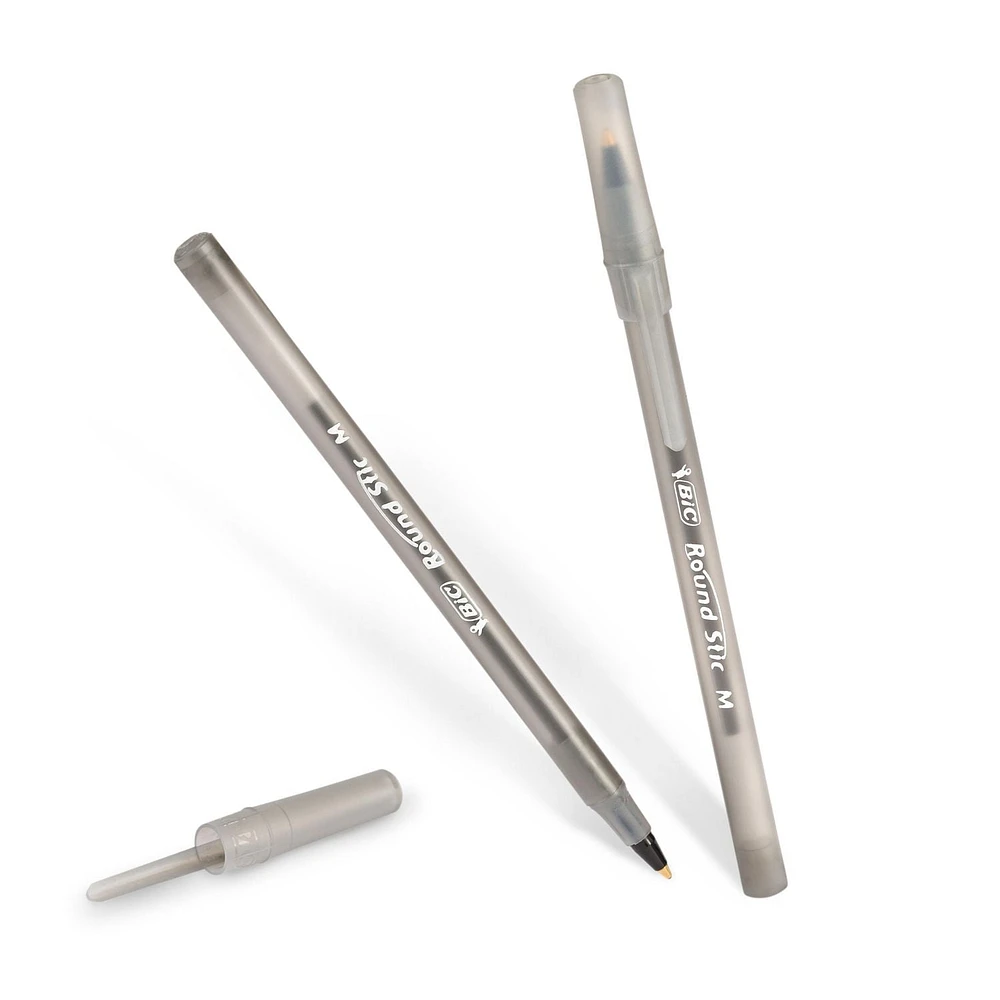 Stylos-billes noirs BIC Round Stic Extra Value, pointe moyenne (1,0 mm), paquet de 60 stylos en vrac, corps rond et souple pour une écriture confortable